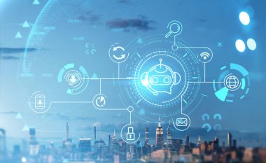Sesli sohbet robotu hologramı ve New York 'taki iş gökdelenleri. Yapay zeka ve ağ simgeleri devresi, ikili sistem. Teknik destek ve finans kavramı