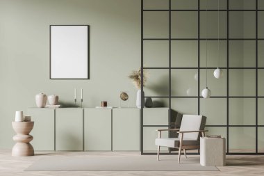 Açık yeşil dinlenme odasının içinde halı üzerinde koltuk, sanat dekorasyonu ve duruşu olan şifonyer, bölme ve ahşap zemin. Boş poster, 3 boyutlu görüntüleme