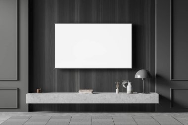 Karanlık oturma odasının içi boş beyaz posterlerle dolu, kitaplarla dolu raflar ve lambalar, halı kaplı beton zemin. Minimalist tasarım kavramı. Çalışma süreci için yer var. Model yap. 3d oluşturma