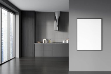 Mutfak seti, kaputu, ahşap rafı, kahverengi ahşap zemini olan karanlık bir yemek odası. Singapur şehir manzaralı pencere. Model poster menüsü, 3B oluşturma