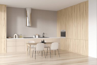 Parlak mutfak odasının iç tarafında yemek masası, sandalyeler, lavabo, gaz ocağı, fırın, çanak çömlek, ahşap zemin, beyaz duvarlar. Minimalist tasarım kavramı. Yaratıcı fikir için yer var. 3d oluşturma