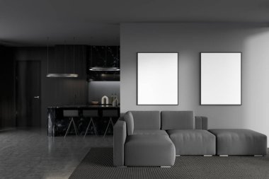 Lobi alanı, kanepe ve bar sandalyeleri ve tezgahı olan karanlık bir mutfak. Gri beton zeminde halı. İki maket poster. 3B görüntüleme