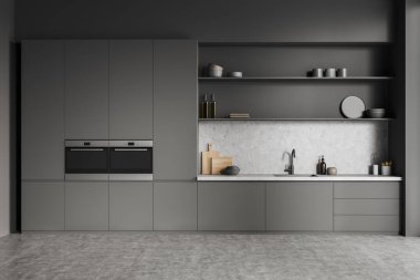 Front view on dark kitchen room interior with double oven, cupboard, sink, shelves with oil, crockery, concrete floor, grey walls. Concept of minimalist design. Space for creative idea. 3d rendering