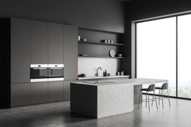 Corner view on dark kitchen room interior with panoramic window, island with barstool, sink, double oven, concrete floor, grey wall. Concept of minimalist design. Space for creative idea. 3d rendering