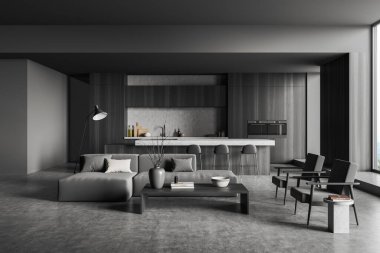 Dark kitchen interior with sofa and armchairs, dining island with bar chairs on grey concrete floor. Stylish chill zone and cooking space, window. 3D rendering