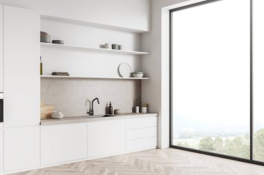 Corner view on bright kitchen room interior with panoramic window, cupboard, sink, shelf with crockery, hardwood floor, white walls. Concept of minimalist design. Space for creative idea. 3d rendering
