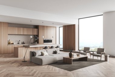 Bright studio room interior with panoramic window, sofa, armchairs, island with barstools, crockery, hardwood floor, white walls. Concept of minimalist design. Space for creative idea. 3d rendering