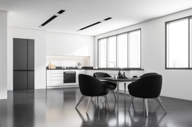 Corner view on bright kitchen room interior with dining table with armchairs, panoramic window, refrigerator, concrete floor, white walls. Concept of minimalist design. Creative idea. 3d rendering