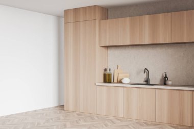 Corner view on bright kitchen room interior with empty white wall, cupboard, sink, crockery, cooking desk, concrete floor. Concept of minimalist design. Space for creative idea. Mock up. 3d rendering