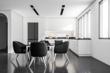 Front view on bright kitchen room interior with dining table with armchairs, panoramic window, sink, concrete floor, white walls. Concept of minimalist design. Space for creative idea. 3d rendering