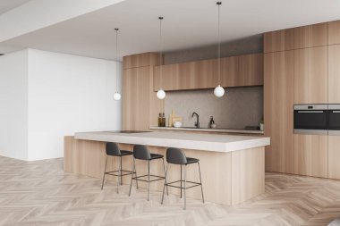 Corner view on bright kitchen room interior with island with barstools, oven, sink, oil, crockery, oak hardwood floor, white walls. Concept of minimalist design. Space for creative idea. 3d rendering