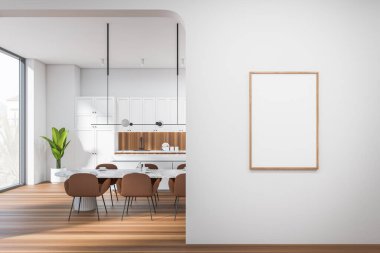 Front view on bright kitchen and dining room interior with empty white poster, panoramic window, dining table with armchairs, island, hardwood floor. Minimalist design. Creative idea. 3d rendering