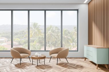 Side view on bright living room interior with panoramic window, two armchairs, teal sideboard, coffee table, oak wooden hardwood floor. Concept of minimalist design. Space for meeting. 3d rendering