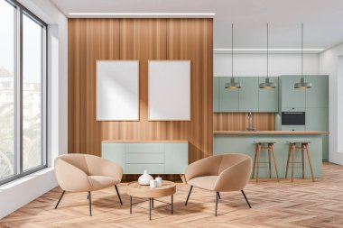 Wooden kitchen interior with armchairs and drawer near panoramic window with countryside view. Countertop on hardwood floor, bar chairs and kitchenware. Two mockup posters. 3D rendering