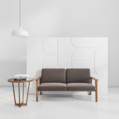 Light chill zone interior with brown sofa and accent wall, coffee table with books on white concrete floor. Stylish chill space in modern apartment. 3D rendering