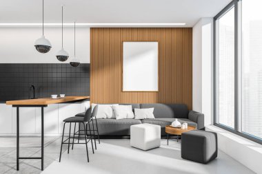 White kitchen interior with sofa and bar chairs with countertop, sink and shelves. Coffee table with pouf and decoration, panoramic window on city view. Mockup poster. 3D rendering