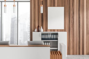 White reception room interior with pc computer, desk and panoramic window on Singapore city view. Entrance hall with shelf, decoration and mockup blank poster. 3D rendering