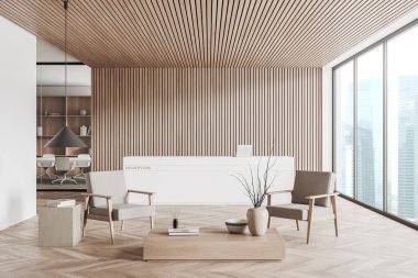 Front view on bright office reception room interior with panoramic window with Singapore view, armchair, coffee table and hardwood floor. Concept of place for working process and meeting. 3d rendering