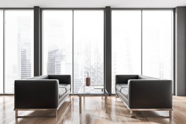 Front view on dark office room interior with two cozy sofas, panoramic windows with Singapore city skyscraper view and wooden floor. Concept of place for working process and meeting. 3d rendering
