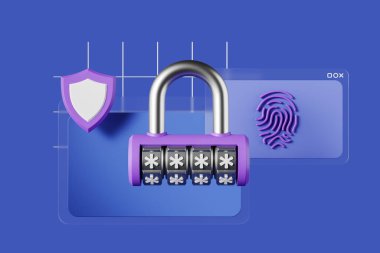Code lock on blue background, shield and digital window with fingerprint. Concept of data access and online security. 3D rendering