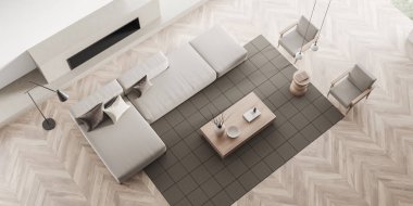 Top view of wooden chill zone interior with sofa and armchair, coffee table with decoration, carpet and hardwood floor. Stylish guest space, 3D rendering