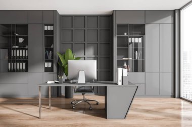 Front view on dark office room interior with desktop, shelves, panoramic windows with Singapore city skyscraper view and wooden floor. Concept of place for working process and meeting. 3d rendering