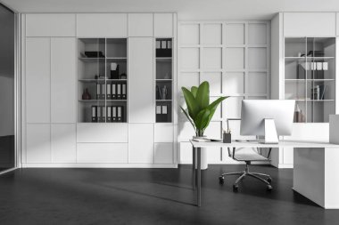 Front view on office room interior with desktop, shelves, glass partition, plant, wardrobe and concrete floor. Concept of place for working process of director. 3d rendering