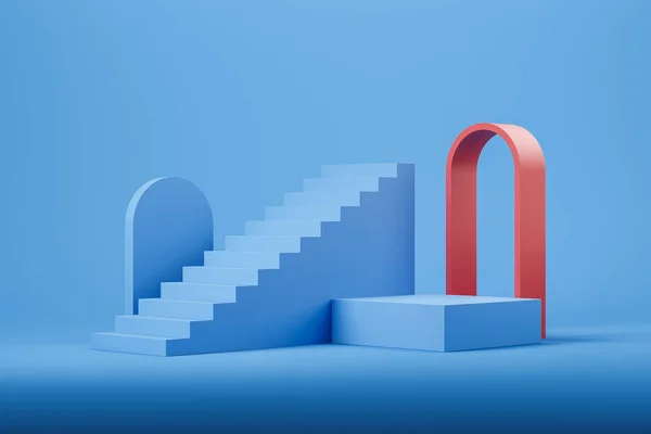 Stairway Podium Geometric Shapes Blue Background Red Arch Stage Product — 스톡 사진