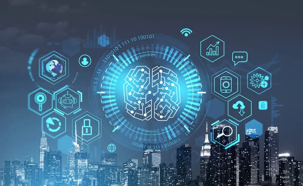 Geceleri New York 'ta iş gökdelenleri, çifte çekim. Beyin gövdesi ve farklı iş simgeleriyle dijital hologram. Yapay zeka kavramı