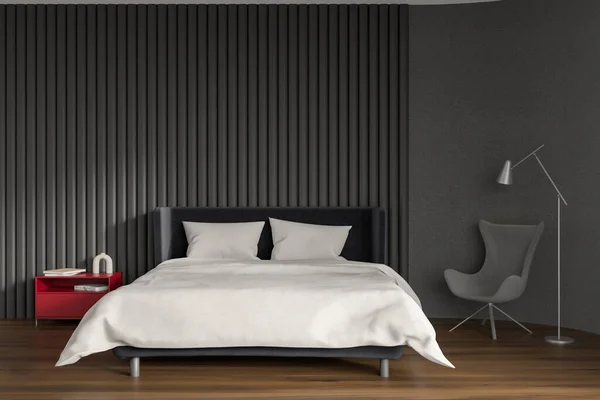 Dark Bedroom Interior Bed White Linens Armchair Hardwood Floor Red — Stock Photo, Image
