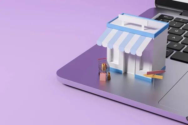 Laptop Light Purple Background Cartoon Small Shop Signs Shopping Cart — Stock Photo, Image