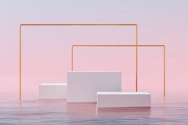 Three minimalist podium with gold geometry arch and light pink sky. Ripple of water. Mockup copy space for product presentation. 3D rendering