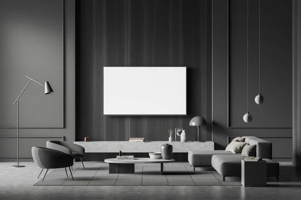 黑暗的客厅内部有沙发和扶手椅 电视在墙上 咖啡桌和站立与装饰 地毯灰色混凝土地板 模拟空白屏幕 3D渲染 — 图库照片