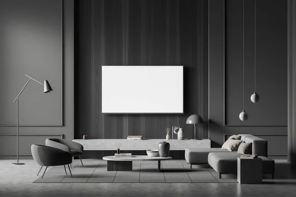 Dark Living Room Interior Sofa Armchairs Wall Coffee Table Stand —  Fotos de Stock