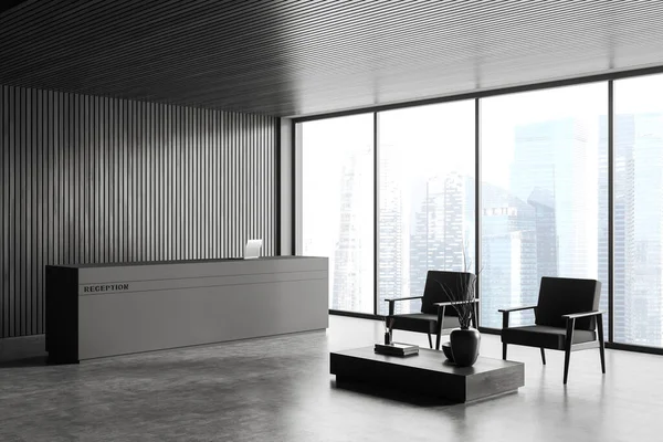 Corner view on dark office reception room interior with panoramic window with Singapore view, armchairs, coffee table and concrete floor. Concept of place for working process and meeting. 3d rendering