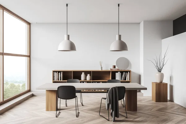 White Dining Room Interior Chairs Table Hardwood Floor Dresser Art — Foto Stock