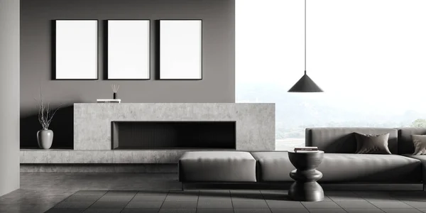 Dark Lounge Room Interior Grey Sofa Fireplace Lamp Stand Grey — Zdjęcie stockowe