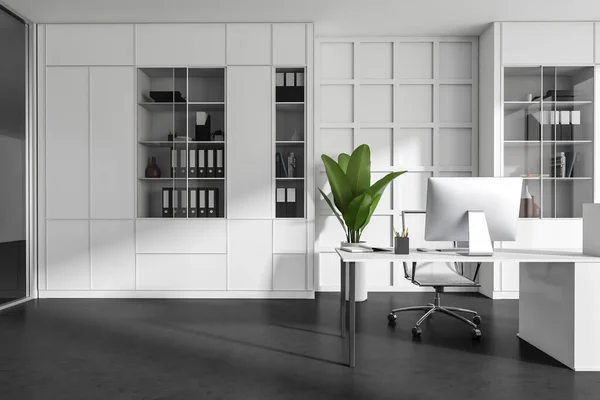 Front View Office Room Interior Desktop Shelves Glass Partition Plant — Stock fotografie