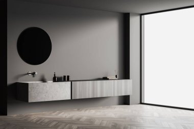 Dark bathing room interior with sink and round mirror, side view, hardwood floor. Modern hotel corner with panoramic window. Mockup copy space wall, 3D rendering