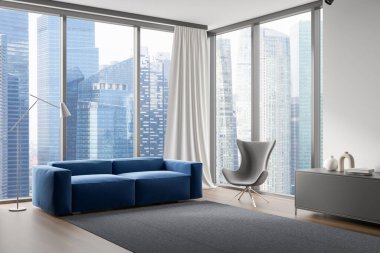 White living room interior with sofa and armchair with drawer, carpet on hardwood floor. Panoramic window on Singapore city view. Modern guest space. 3D rendering