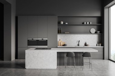 Bar sandalyeleri ve gri beton zeminde tezgahı olan koyu renk yemekler, mutfak gereçleriyle dolu lavabo, ön manzara. Kırsal kesimde penceresi olan modern mutfak, 3B görüntüleme