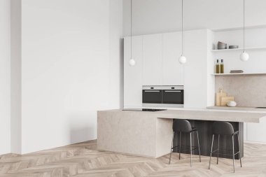 White kitchen interior with bar chairs and countertop on hardwood floor, side view, kitchenware and oven mounted. Mockup copy space wall. 3D rendering