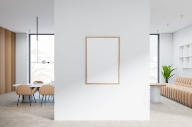 White dining room interior with chairs and table, panoramic window on countryside, beige concrete floor. Sofa and shelf. Mockup poster before entrance. 3D rendering