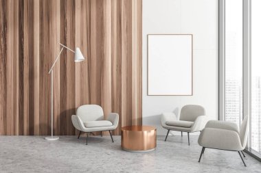 Light relax room interior in business office, armchairs with coffee table. Panoramic window on city view, grey concrete floor. Mock up canvas poster, 3D rendering