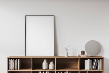 Light room interior with dresser and decoration on rack, books, vase and candle, stylish art space. Mock up poster against white wall. 3D rendering
