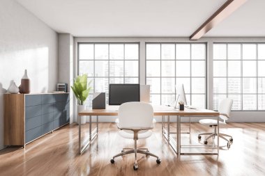 White workspace interior with armchairs, pc computer on desk, drawer with art decoration and plant, hardwood floor. Panoramic window on Singapore city view. 3D rendering
