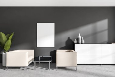 Grey waiting room interior with sofa and coffee table, art decoration on white drawer. Plant on grey concrete floor. Mockup poster canvas. 3D rendering