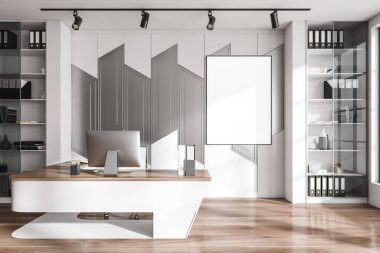White chief room interior with pc computer on desk, shelf with folders and art decoration, hardwood floor. Mockup canvas poster. 3D rendering