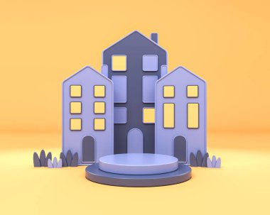 Decorative house with windows, grass and podium on yellow background. Concept of household. Mockup for product display. 3D rendering