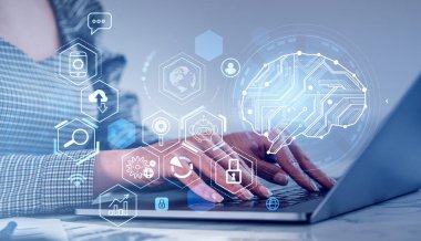 Businesswoman hands typing on laptop keyboard, closeup. Digital hologram with brain, tech icons and network. Concept of machine learning